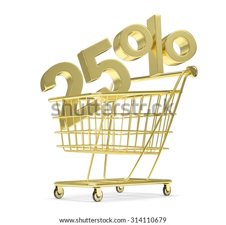 discount 25%, shopping cart on white background. 