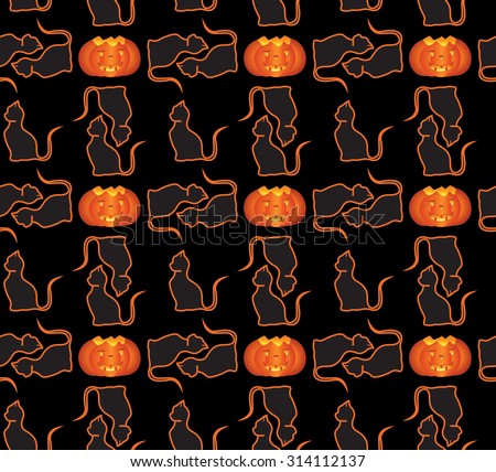 Halloween pumpkin and cats seamless pattern. Digital background vector Happy Halloween  greeting card. Cats around the lantern. Trick or treat wrapping paper.