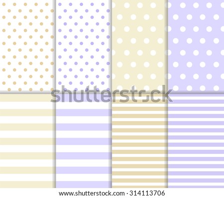 Set of cute abstract seamless big and small polka dot pattern and horizontal lined textile on pastel yellow and light purple color background with white dots and stripes. Vector art image illustration