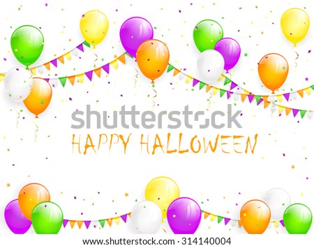 Halloween background with multicolored balloons, pennants and confetti, illustration.