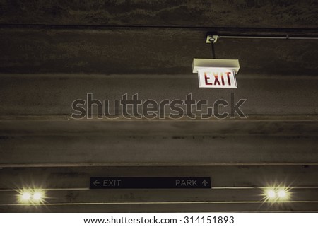 Parking garage with exit sign