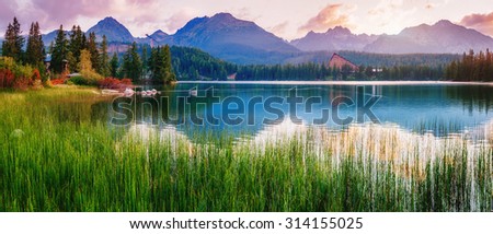 Majestic mountain lake in National Park High Tatra. Strbske pleso, Slovakia, Europe.