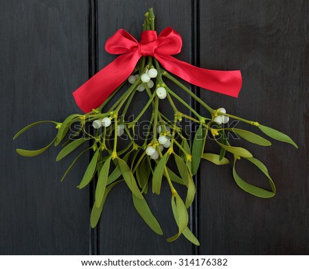 Christmas mistletoe with red ribbon bow over dark wood background.