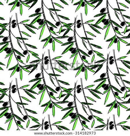 Olive seamless pattern. Hand drawn olive branch background. Old fashion olive decorative texture