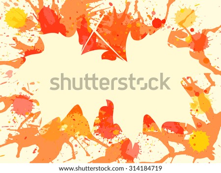 Autumn maple leaves over bright orange artistic paint background, blank frame with room for text, horizontal format.