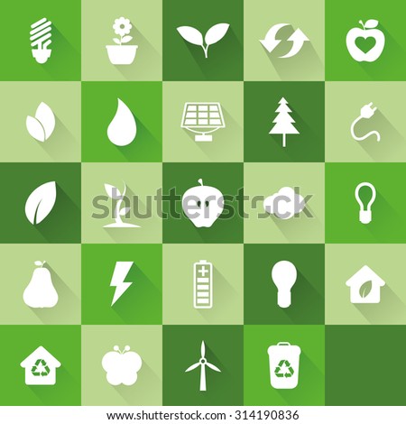 Set of ecological icons on green backgrounds
