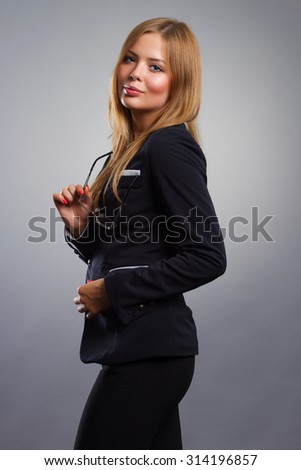 Smile Business woman with glasses portrait. Female model with long hair.