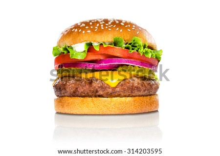 Perfect hamburger classic burger american cheeseburger isolated on white reflection