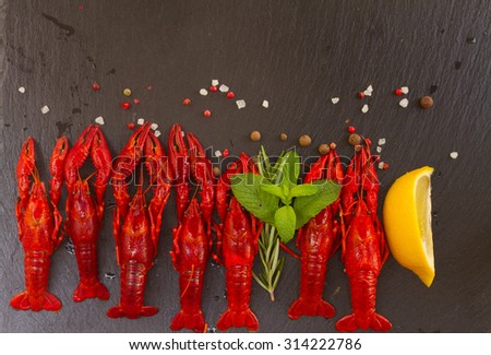Row of red Crayfish on black board with spices