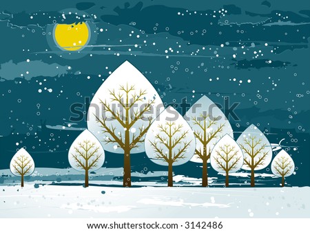 Winter landscape with many trees,  vector illustration