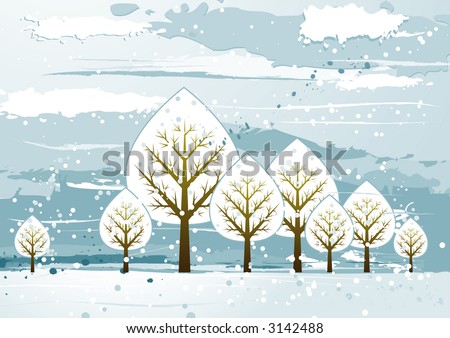 Winter landscape with many trees,  vector illustration