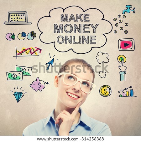 Make Money Online idea sketch with young business woman wearing white eyeglasses 