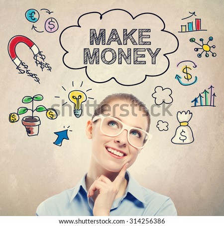 Make Money idea sketch with young business woman wearing white eyeglasses 