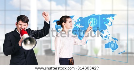 business people standing in modern office and looking to global business map. Elements of this image furnished by NASA