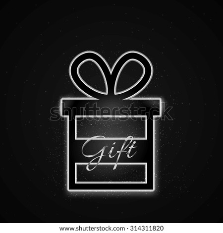 Vector gift box with magic sparkle and caption "Gift" on dark black background