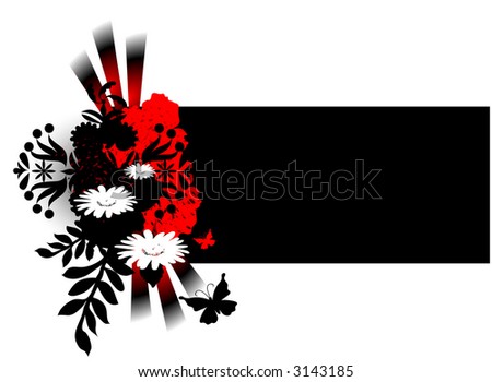 Abstract floral swag, daisies over red and black background. Space for text.