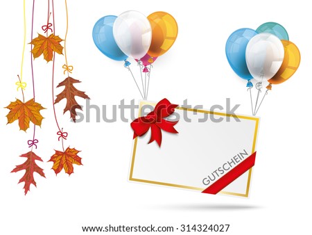 Paper frame with balloons, foliage and German text "Gutschein", translate "Coupon". Eps 10 vector file.