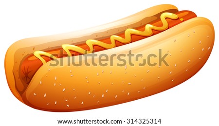 Hot dog in bun with mustard on top illustration