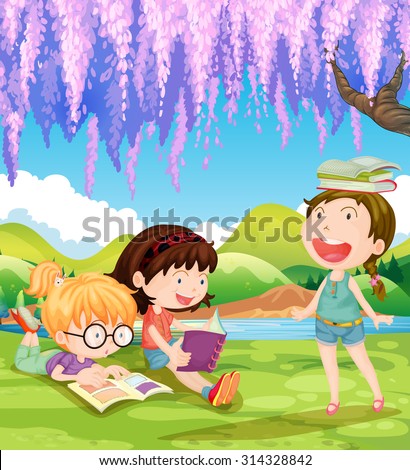 Children reading books under the tree illustration