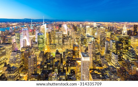 Aerial New York City skyline downtown manhattan at dusk