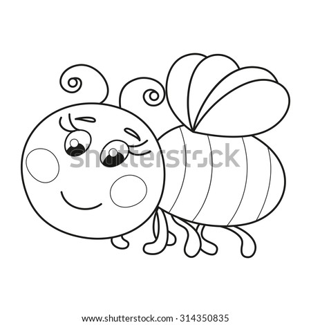 Cute cartoon bee, funny ruddy bee flying, vector illustration, coloring book page for children