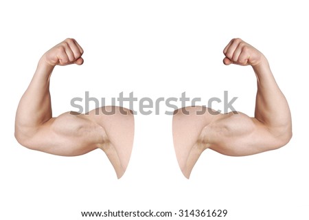 cut out male arms with flexed biceps muscles isolated on white Royalty-Free Stock Photo #314361629