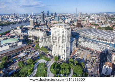 Magnificent views of London cityscape from the top of London Eye