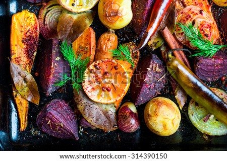 Roasted vegetables, closeup view Royalty-Free Stock Photo #314390150