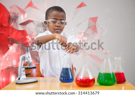 Cute pupil playing scientist against angular design
