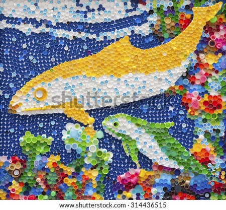 Dolphin mosaic made by plastic bottle caps Royalty-Free Stock Photo #314436515