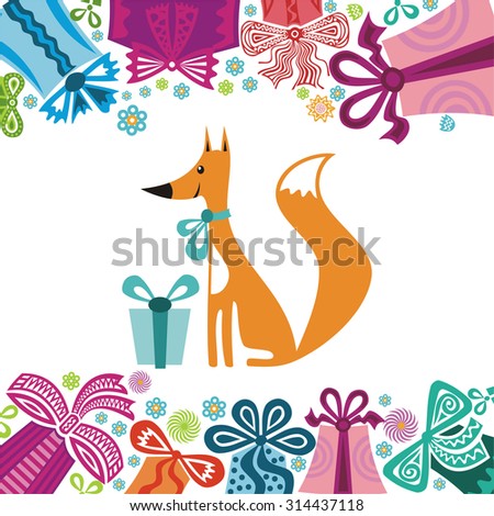 Happy birthday greeting card with beautiful cute fox vector illustration
