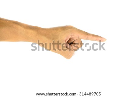 Male hand pointing gesture of an index finger on white