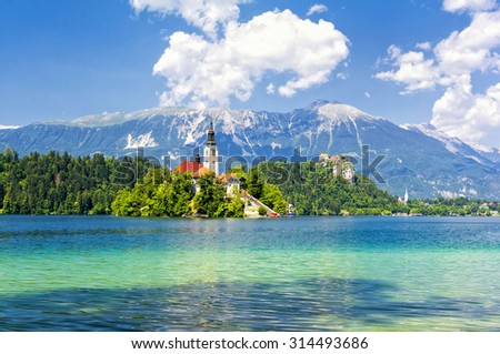 Bled with lake, island and mountains in background, Slovenia, Europe Royalty-Free Stock Photo #314493686