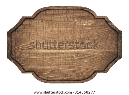 Brown wooden signboard, plate, plank and dark frame on white background