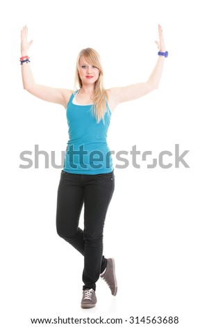 fitness woman exercising dance aerobics in full length isolated on white background.
