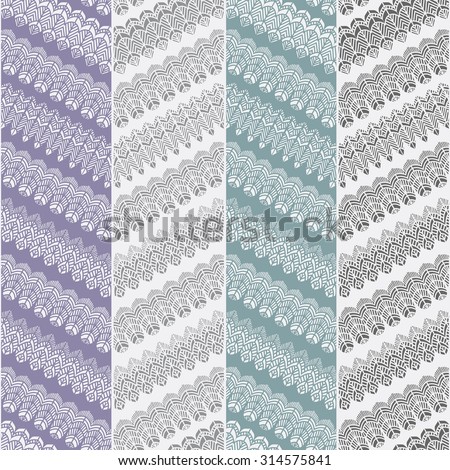 Vector abstract seamless zig-zag pattern with stylized bird feather silhouette. Vertical light violet and blue turquoise wide strips with grey lacy ornaments on a white background.