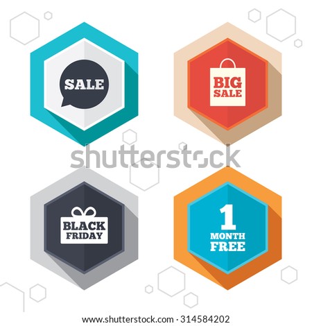 Hexagon buttons. Sale speech bubble icon. Black friday gift box symbol. Big sale shopping bag. First month free sign. Labels with shadow. Vector