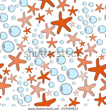 Ocean Alga Seastar and Bubbles Isolated on White Background. Vector colorful doodle seamless pattern