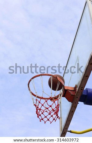 Basketball shooting under the blue sky, close-up 