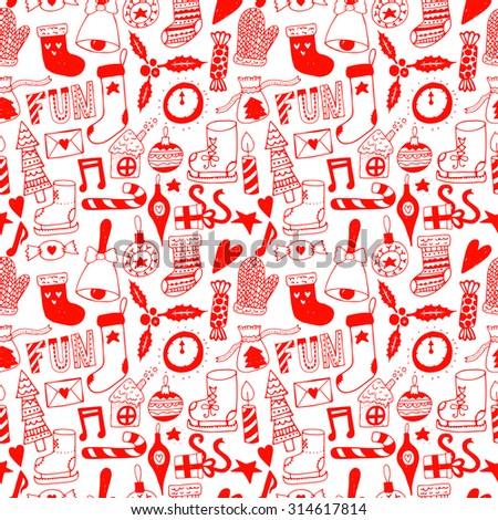 Hand drawn doodle seamless pattern. Unique vector new year pattern for your scrapbooking projects.  Pattern for fabric, wallpaper, gift wrapping. Christmas text seamless pattern.
