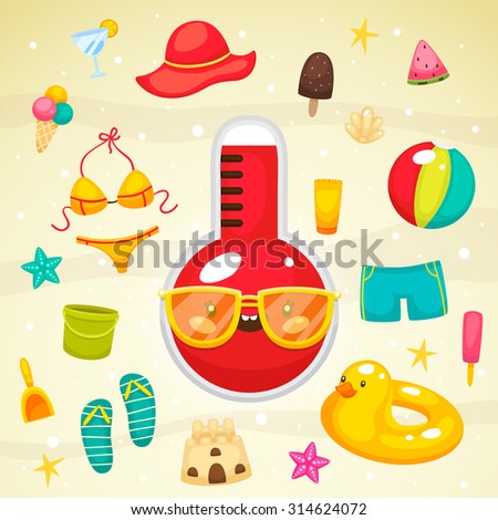 Cute thermometer and collection of summer symbols, beach accessories, vector.