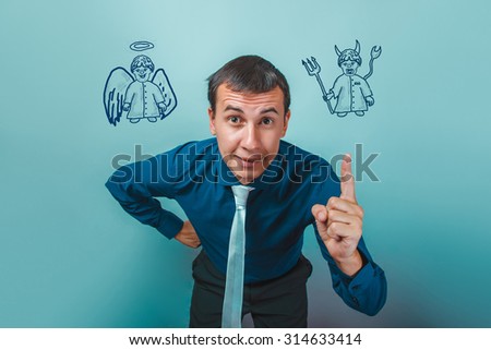 man Male businessman showing finger angel devil demon infographics infographics Bible study of religion
