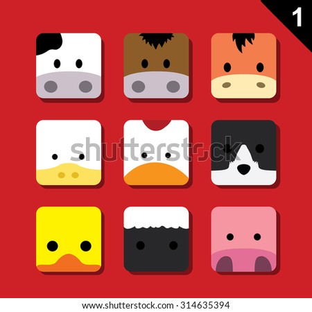 Flat Big Animal Faces Application Icon Cartoon Vector Set 1 (Farm Animals)