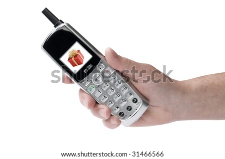 man holding a corless phone, white background, picture of gift on screen