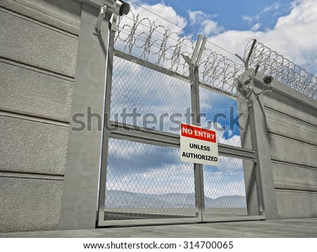 3d image of security border line gate with razor wire