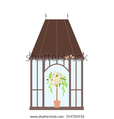 Greenhouse, plant and birds. Vector illustration