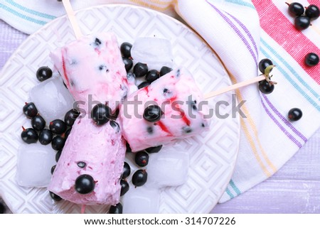 Sweet ice cream with black currants in white plate, closeup