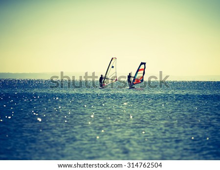 Windsurfers swimming in sea. Summertime photo with windsurfers swimming on water surface