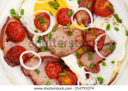 Fried eggs with bacon and cherry tomatoes on a plate.