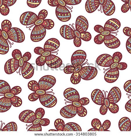 Colorful ornate butterflies on the white background. Beautiful seamless butterfly pattern.